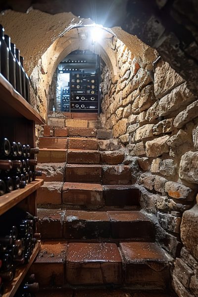 wine cellar with wine cellar brick wall with sign that sayss it (1)